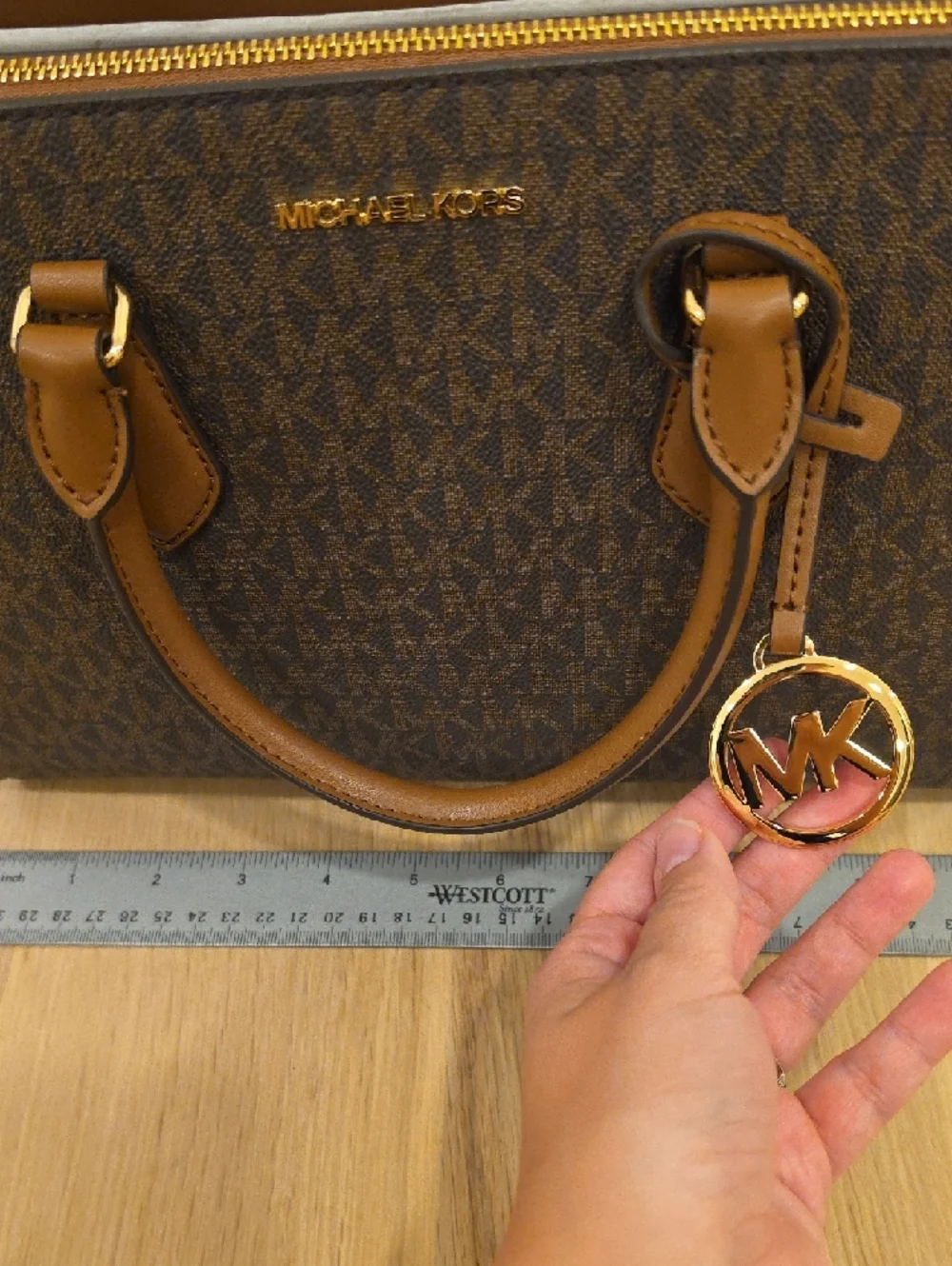 Michael Kors Brown Logo Satchel with Tan Trim and Gold Hardware - Picture 3 of 8